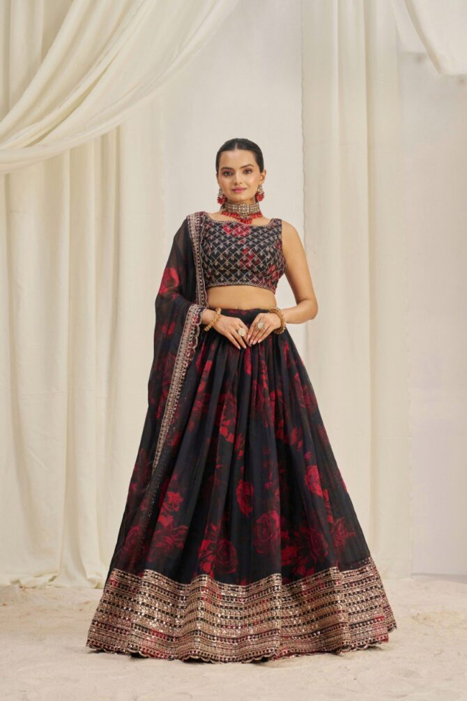 Pehnava Style Organza Embroidered Lehenga