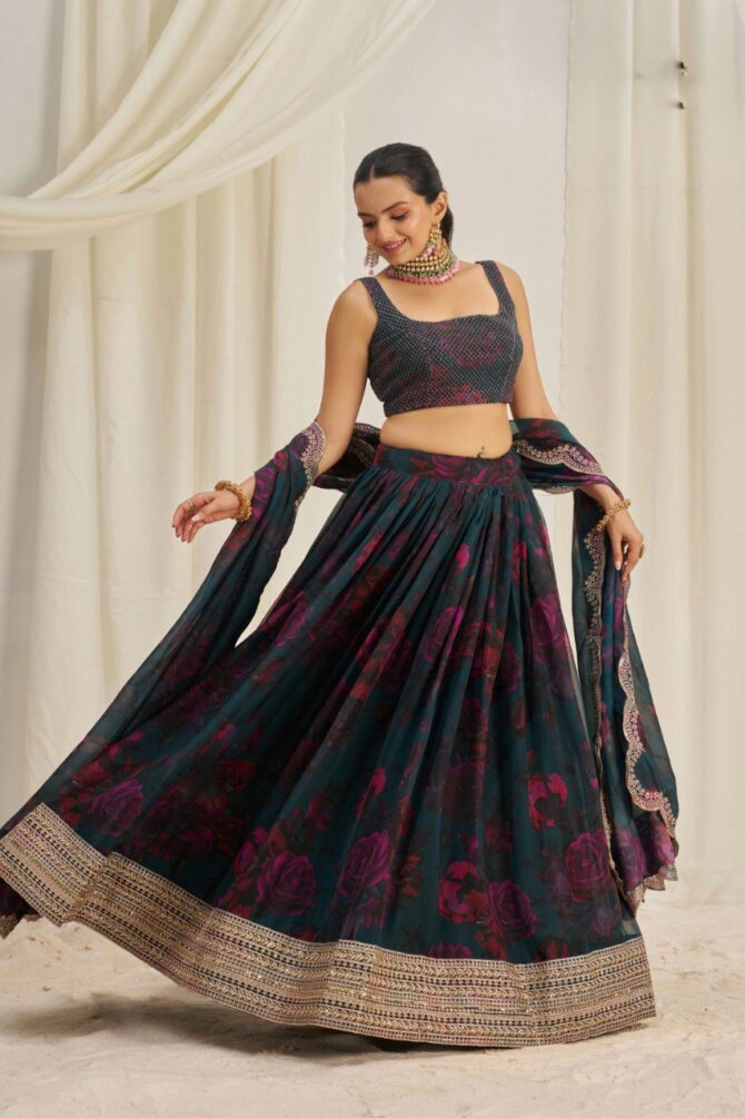 Pehnava Style Organza Embroidered Lehenga