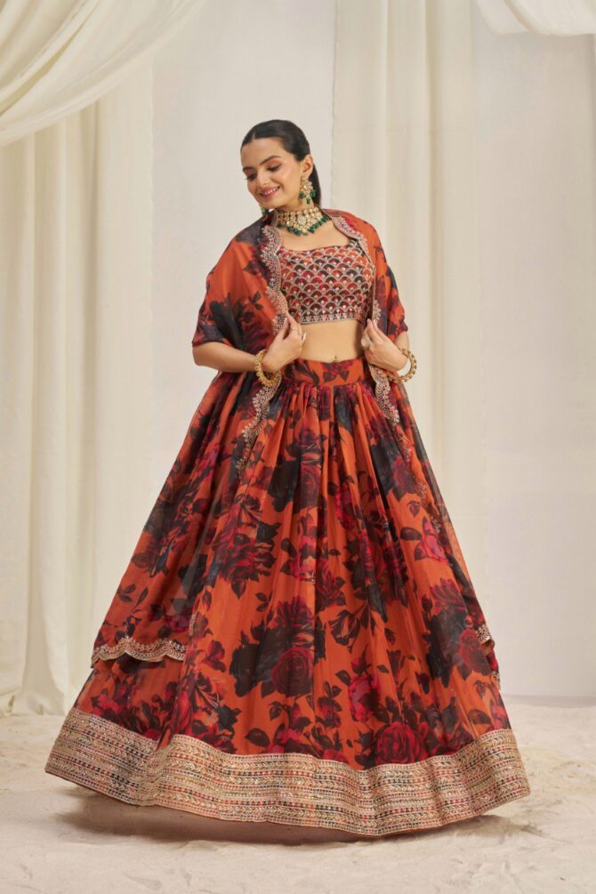Pehnava Style Organza Embroidered Lehenga - Image 3