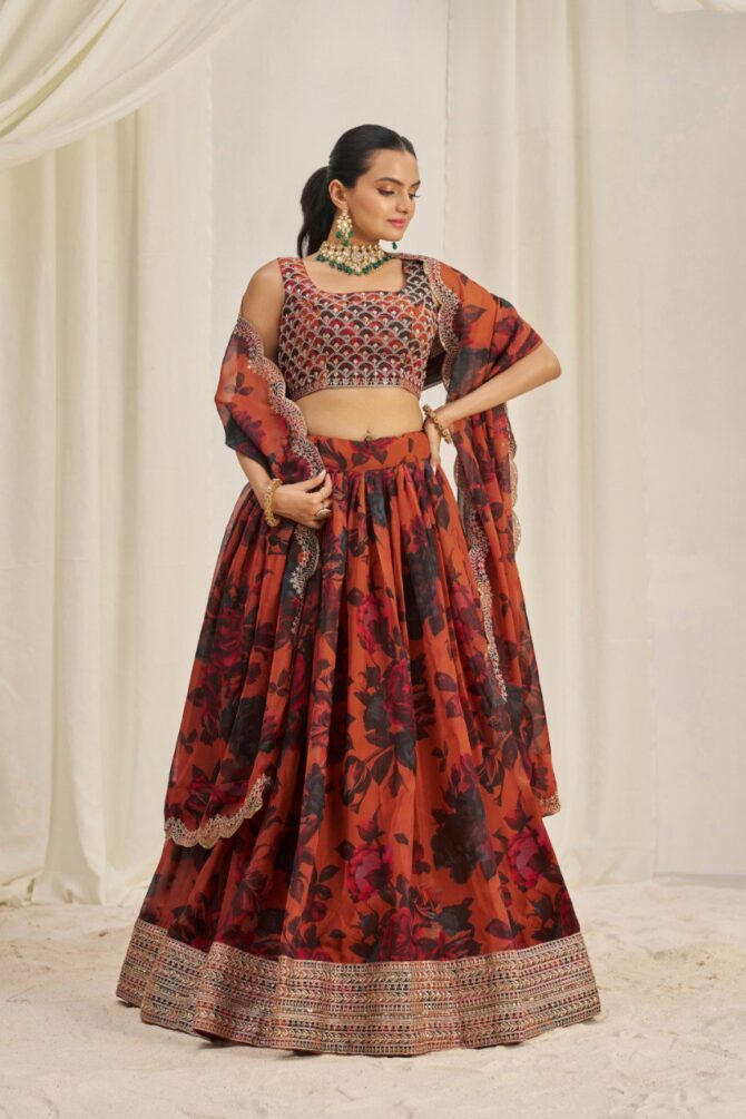 Pehnava Style Organza Embroidered Lehenga - Image 5