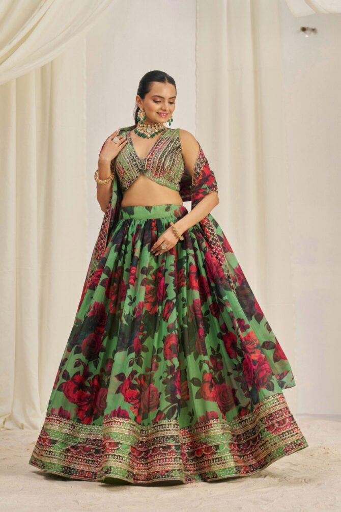 Pehnava Style Organza Embroidered Lehenga