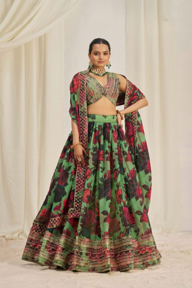 Pehnava Style Organza Embroidered Lehenga - Image 3