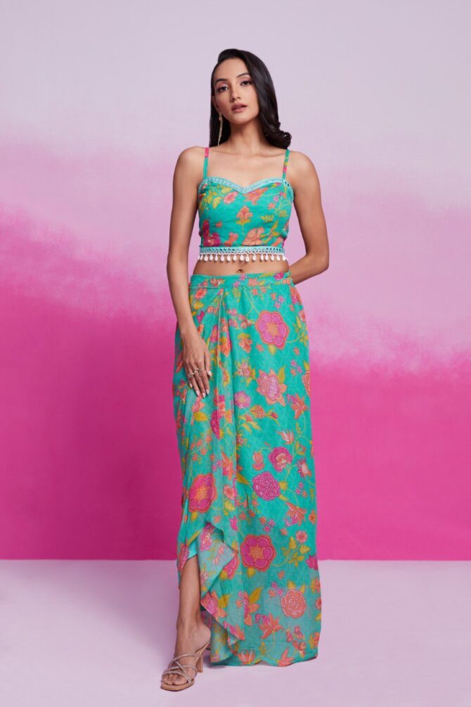 Pehnava Style Turquois Georgette Printed Embroidered Co-Ord Set - Image 5