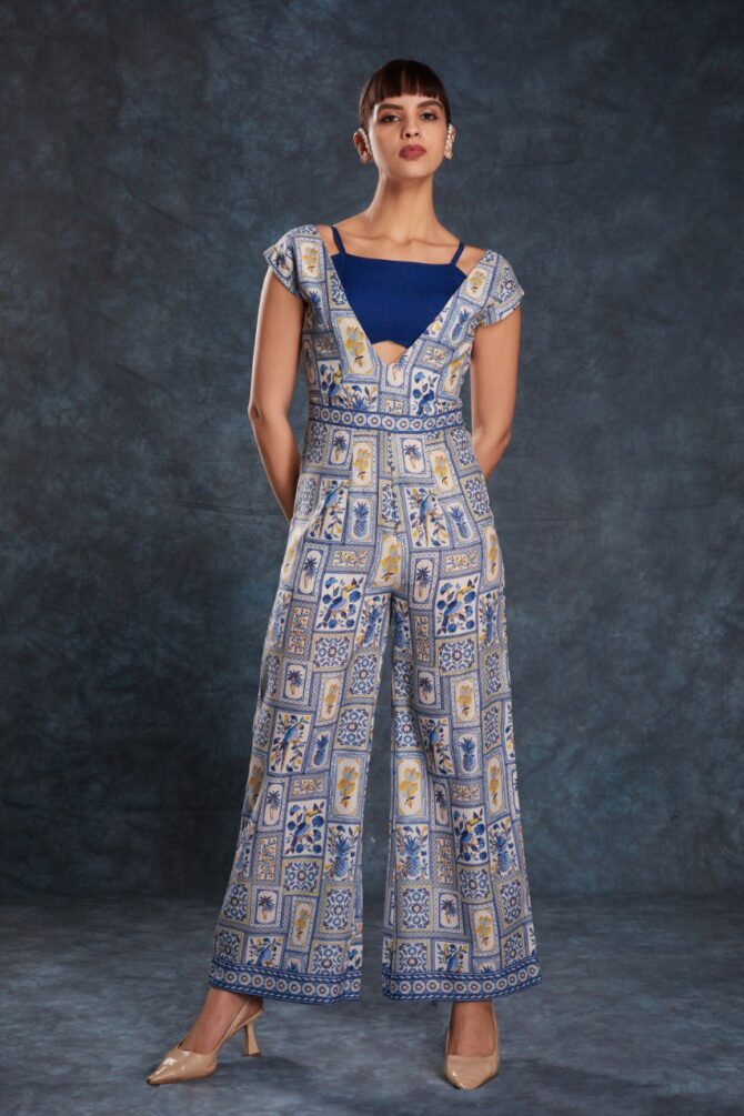 Pehnava Style Navy Blue Linen Printed Jumpsuit