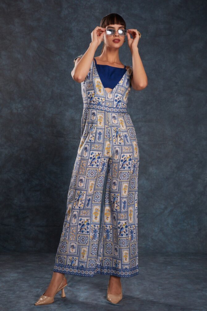 Pehnava Style Navy Blue Linen Printed Jumpsuit - Image 6