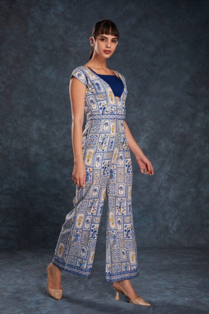 Pehnava Style Navy Blue Linen Printed Jumpsuit - Image 3