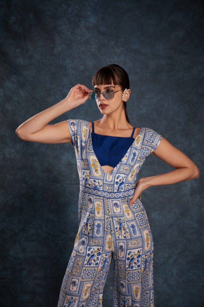 Pehnava Style Navy Blue Linen Printed Jumpsuit - Image 5