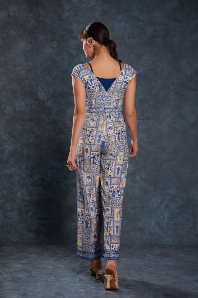 Pehnava Style Navy Blue Linen Printed Jumpsuit - Image 7