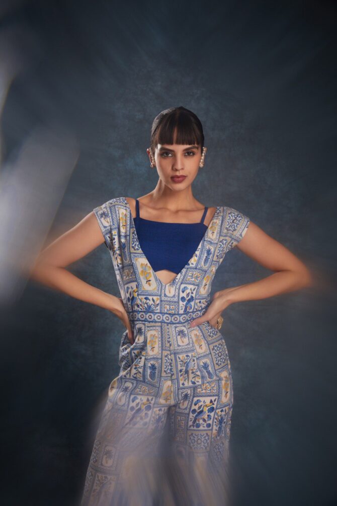 Pehnava Style Navy Blue Linen Printed Jumpsuit - Image 4