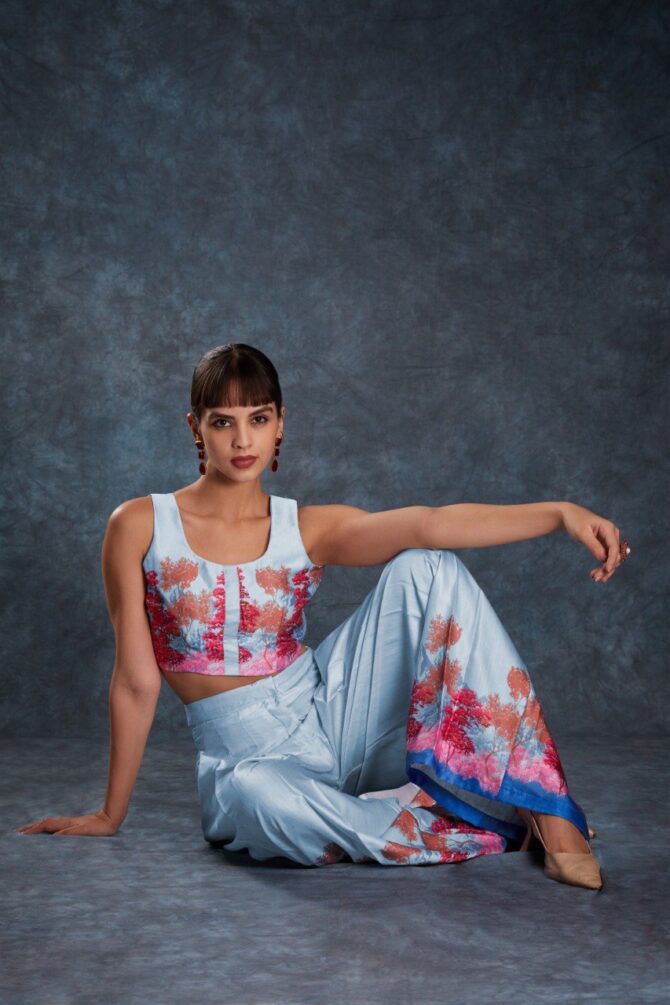 Pehnava Style Sky Blue Satin Printed Co-Ord Set