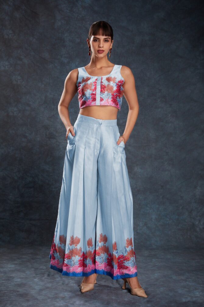 Pehnava Style Sky Blue Satin Printed Co-Ord Set - Image 6