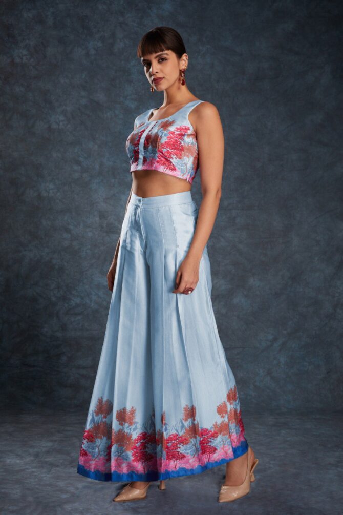 Pehnava Style Sky Blue Satin Printed Co-Ord Set - Image 5