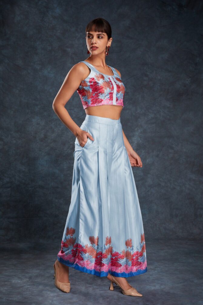 Pehnava Style Sky Blue Satin Printed Co-Ord Set - Image 4