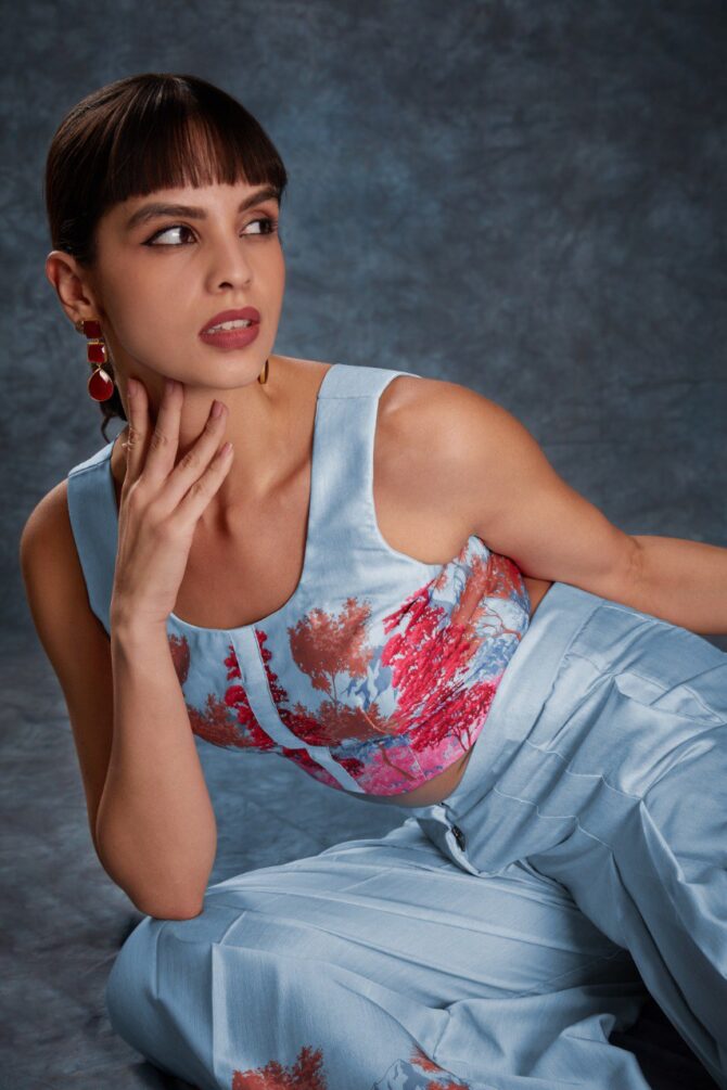 Pehnava Style Sky Blue Satin Printed Co-Ord Set - Image 3