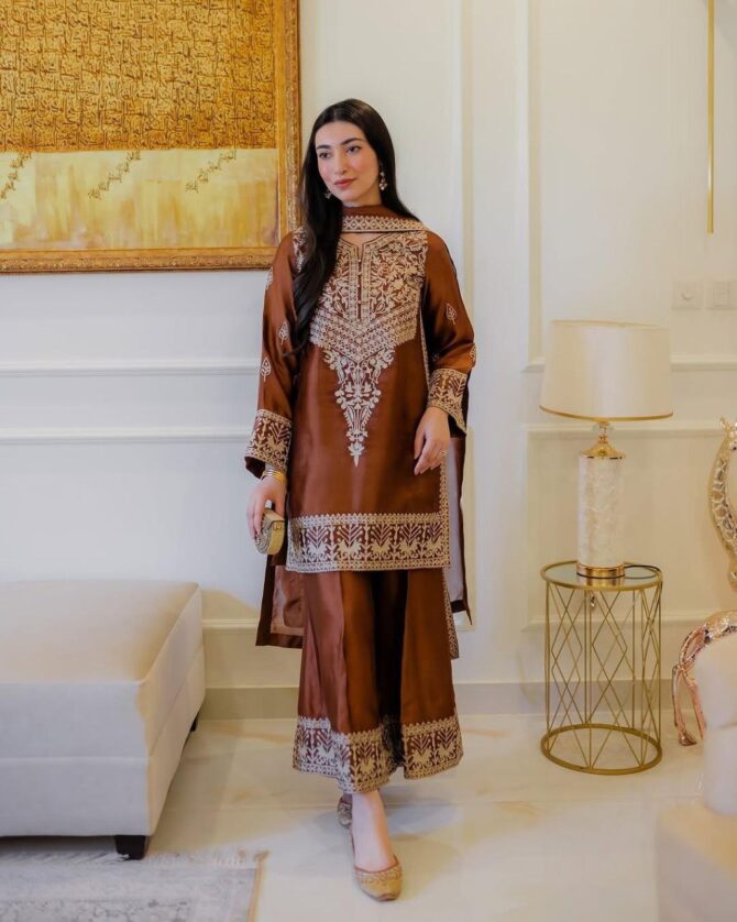 Pehnava Style Pure Chinon Silk With Embroidery Work Top Palazzo & Duppatta