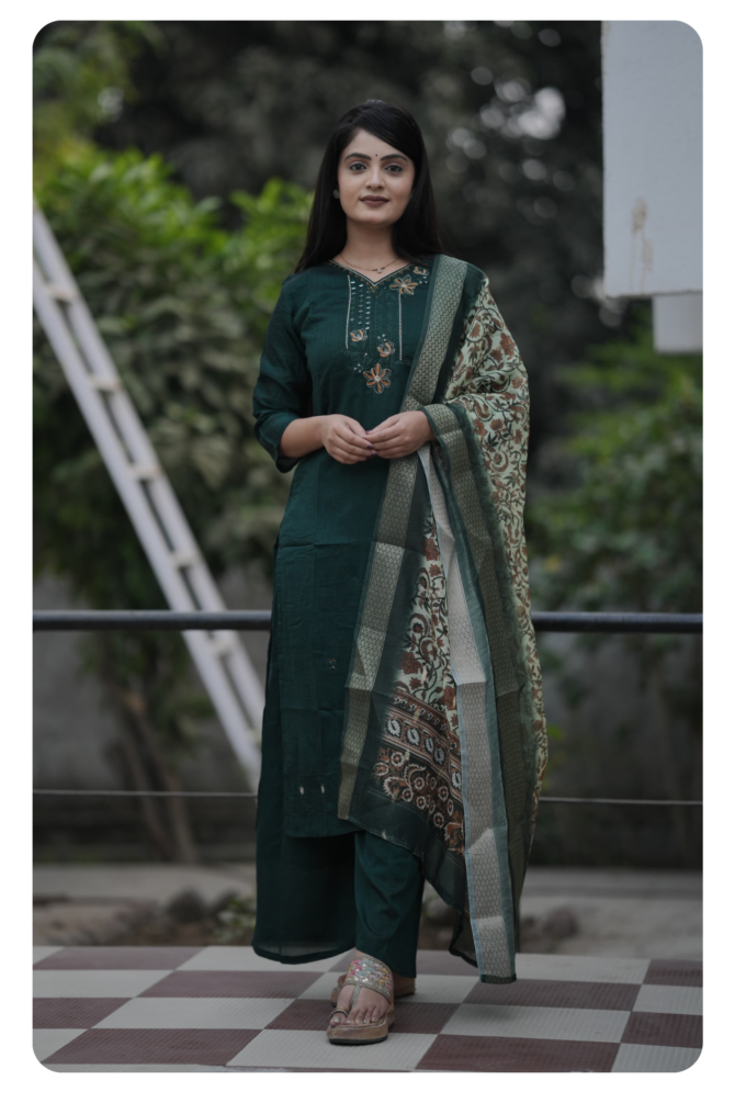 Green Embroidery Work Kurta Pant Set With Digital Duppatta - Image 2