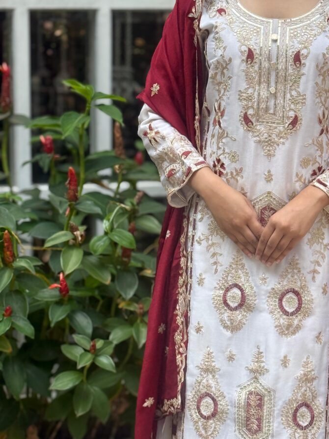 WHITE SEQUENCE EMBROIDERY ON SILK FABRIC TOP AND PLAZZO WITH DUPATTA - Image 6