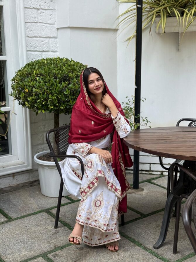 WHITE SEQUENCE EMBROIDERY ON SILK FABRIC TOP AND PLAZZO WITH DUPATTA - Image 5