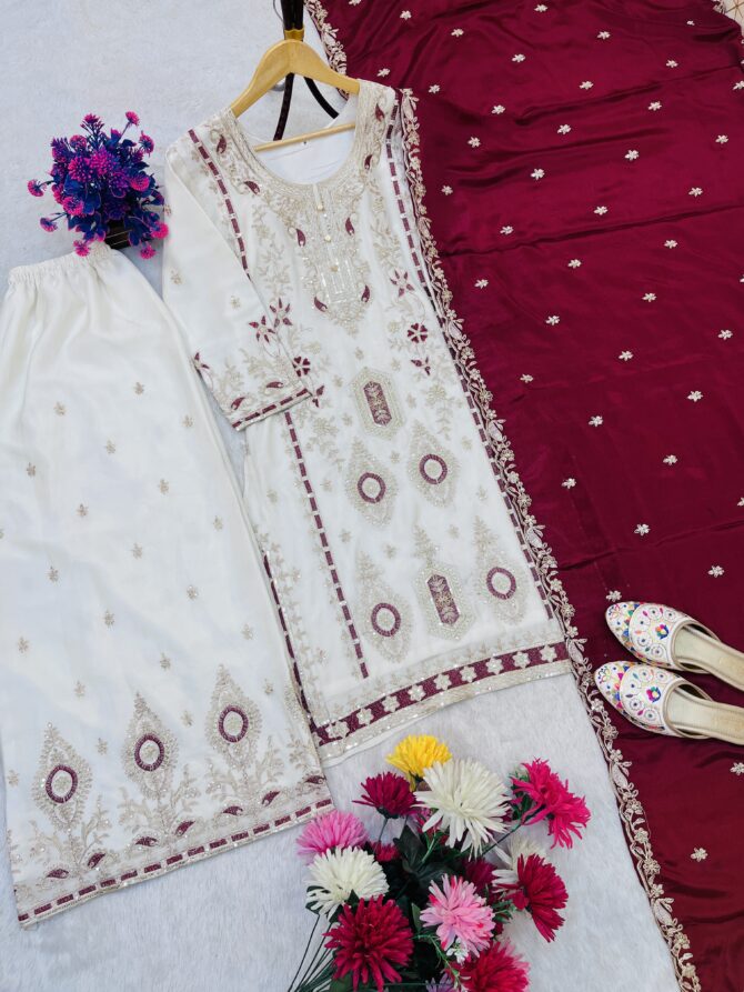 WHITE SEQUENCE EMBROIDERY ON SILK FABRIC TOP AND PLAZZO WITH DUPATTA - Image 7