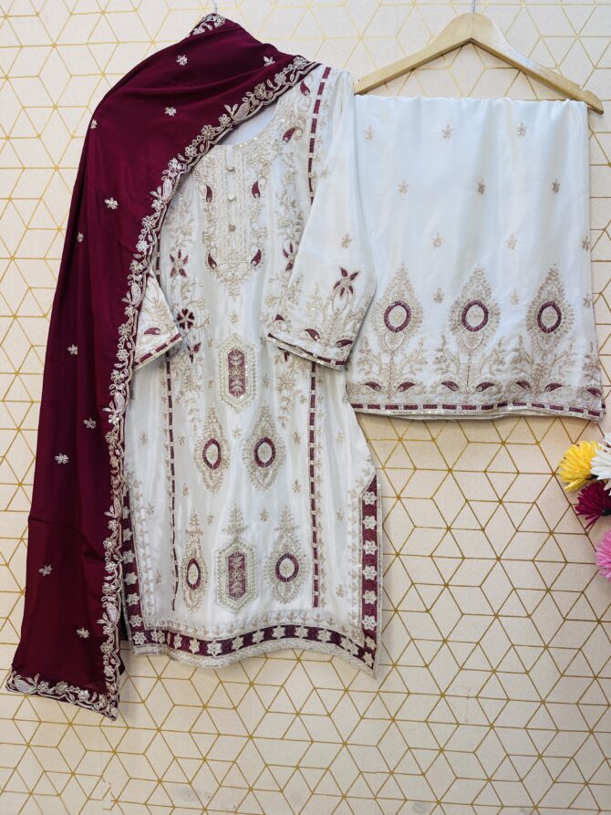 WHITE SEQUENCE EMBROIDERY ON SILK FABRIC TOP AND PLAZZO WITH DUPATTA - Image 8