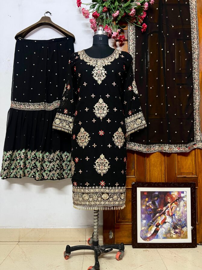 ROSHI PAKISTANI GEORGETTE LONG KURTI WITH BEAUTIFUL FULLY EMBROIDERED GEORGETTE SHARARA - Image 4