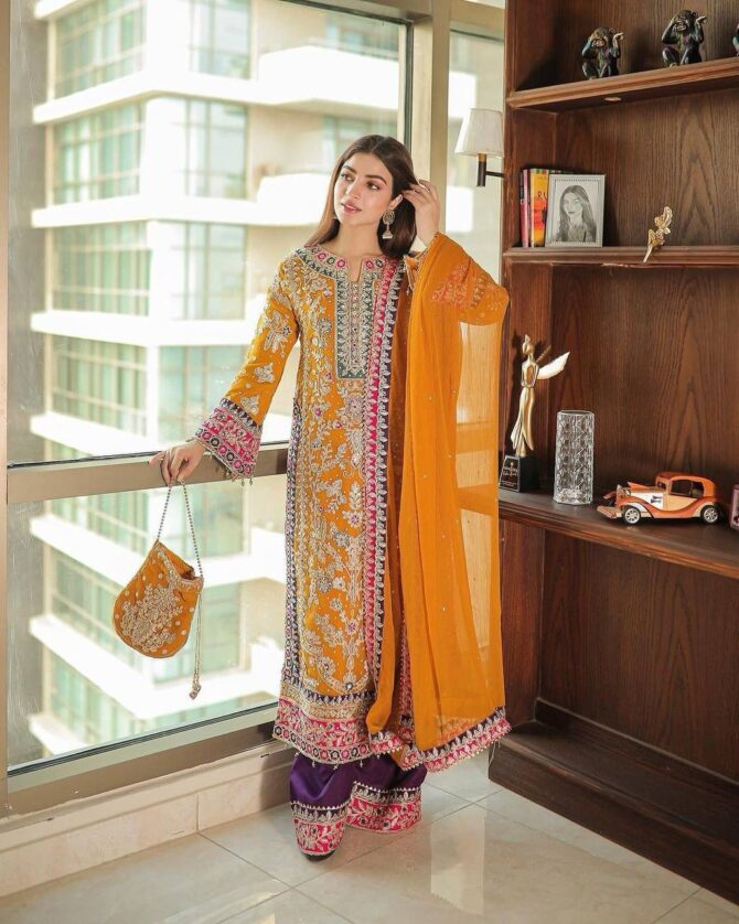 YELLOW GEORGETTE  KURTA WITH BEAUTIFUL FULLY EMBROIDERED GEORGETTE PLAZZO