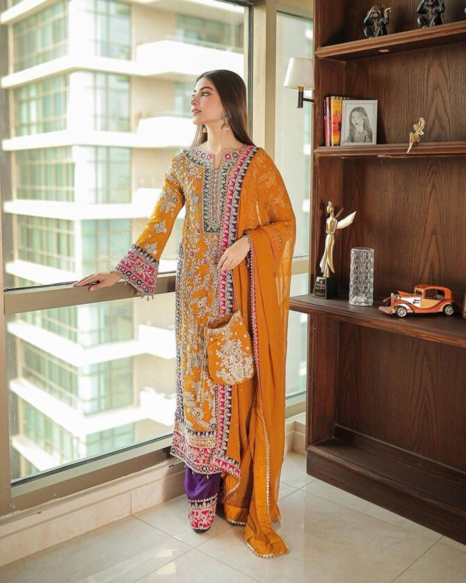 YELLOW GEORGETTE  KURTA WITH BEAUTIFUL FULLY EMBROIDERED GEORGETTE PLAZZO - Image 3