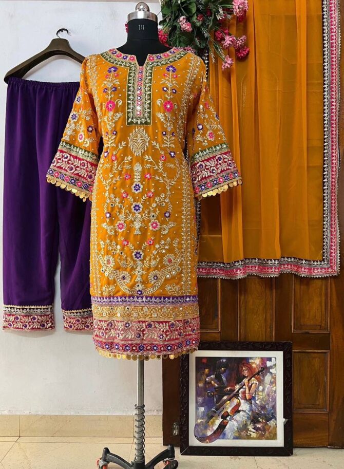 YELLOW GEORGETTE  KURTA WITH BEAUTIFUL FULLY EMBROIDERED GEORGETTE PLAZZO - Image 4