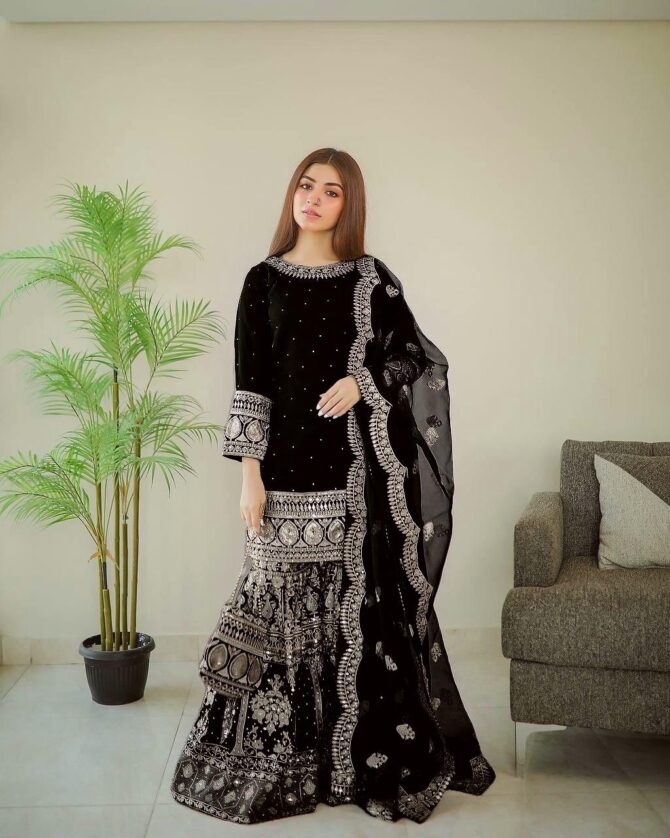 Black Embroidered Georgette Kurta With Palazzos & Dupatta