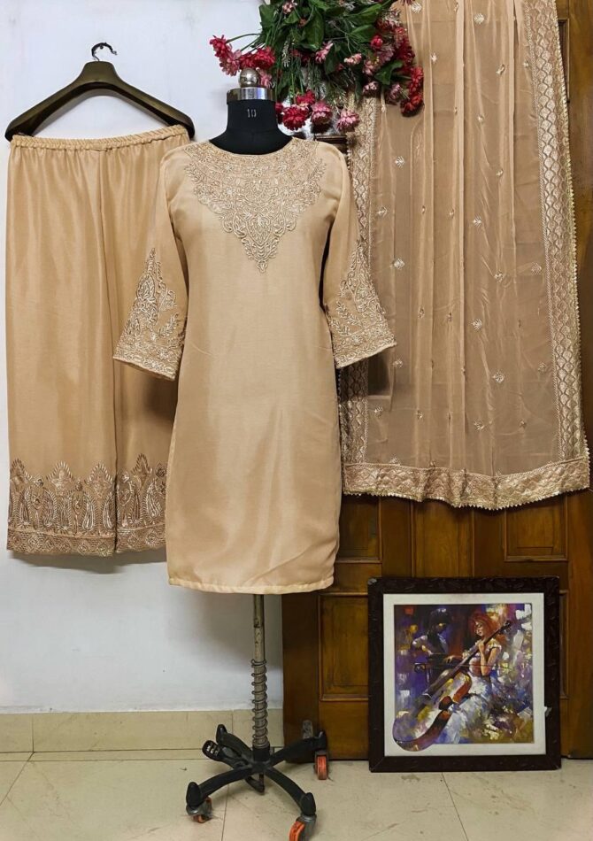 Creamy Color HEAVY GEORGETTE TOP WITH BEAUTIFUL FULLY EMBROIDERED & HEAVY GEORGETTE PLAZZO - Image 7