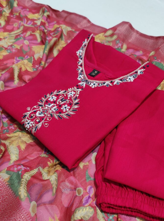 Pink Color Embroidery Work kurtie Pant With Duppatta - Image 6