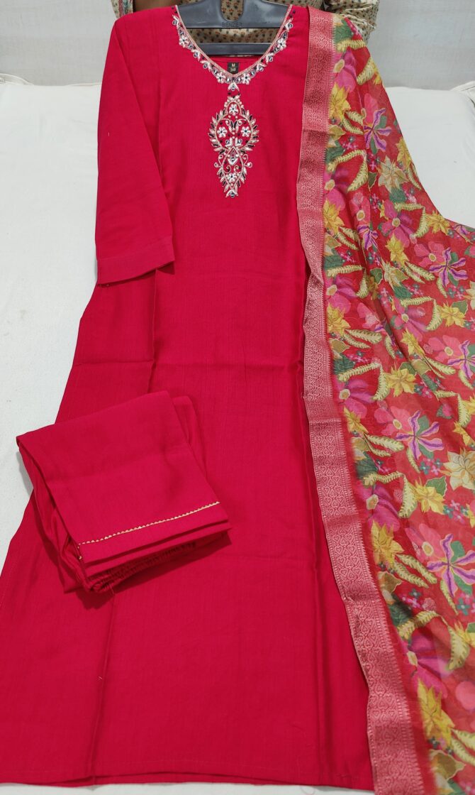 Pink Color Embroidery Work kurtie Pant With Duppatta - Image 8