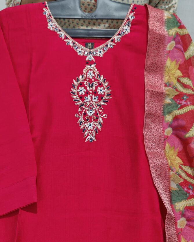 Pink Color Embroidery Work kurtie Pant With Duppatta - Image 7