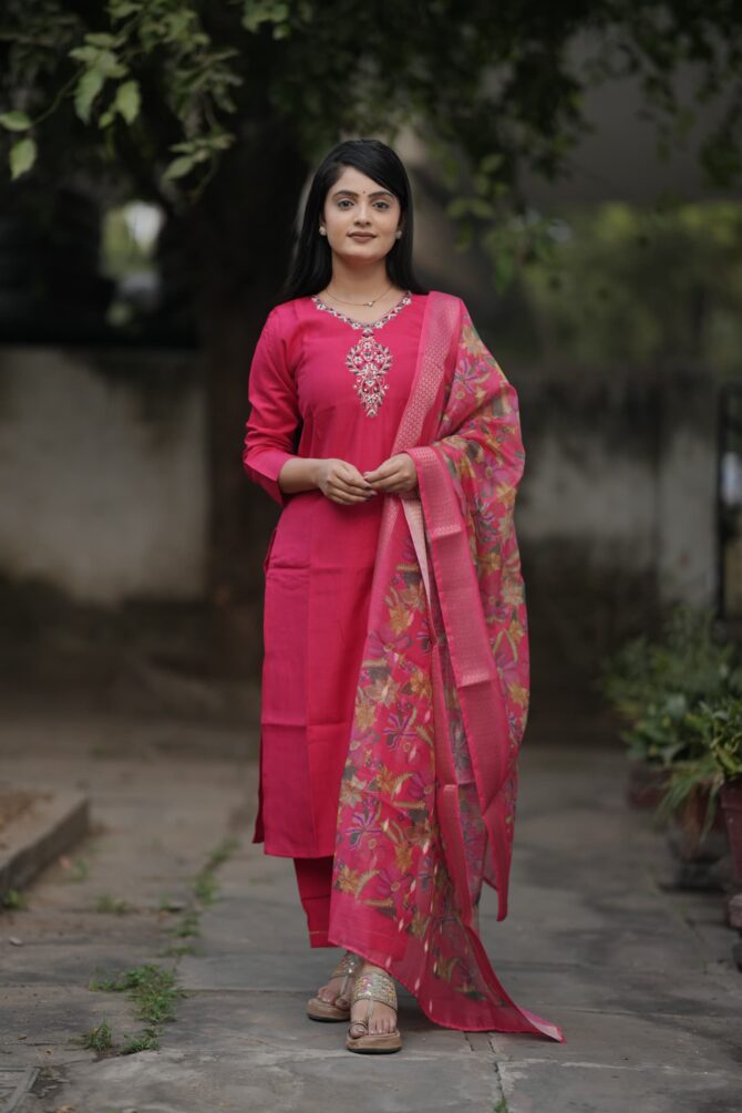 Pink Color Embroidery Work kurtie Pant With Duppatta - Image 5