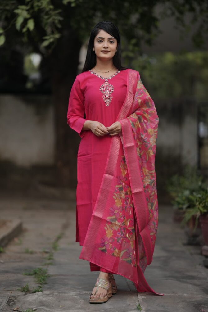 Pink Color Embroidery Work kurtie Pant With Duppatta - Image 2