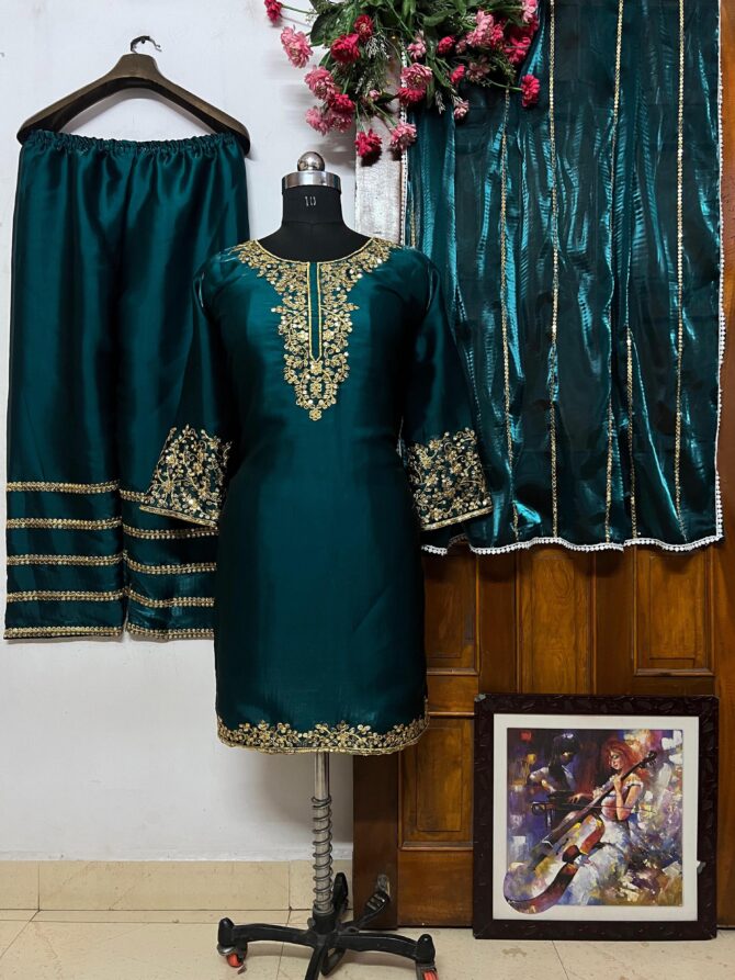 KURTI-PLAZZO SET IN JIMMI CHHOO FABRIC AND FANCY SEQUINS & ZARI EMBROIDERY WORK - Image 3