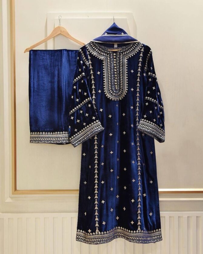 BLUE HEAVY VELVET KURTIE WITH BEAUTIFUL EMBROIDERED & HEAVY VELVET PLAZZO - Image 2