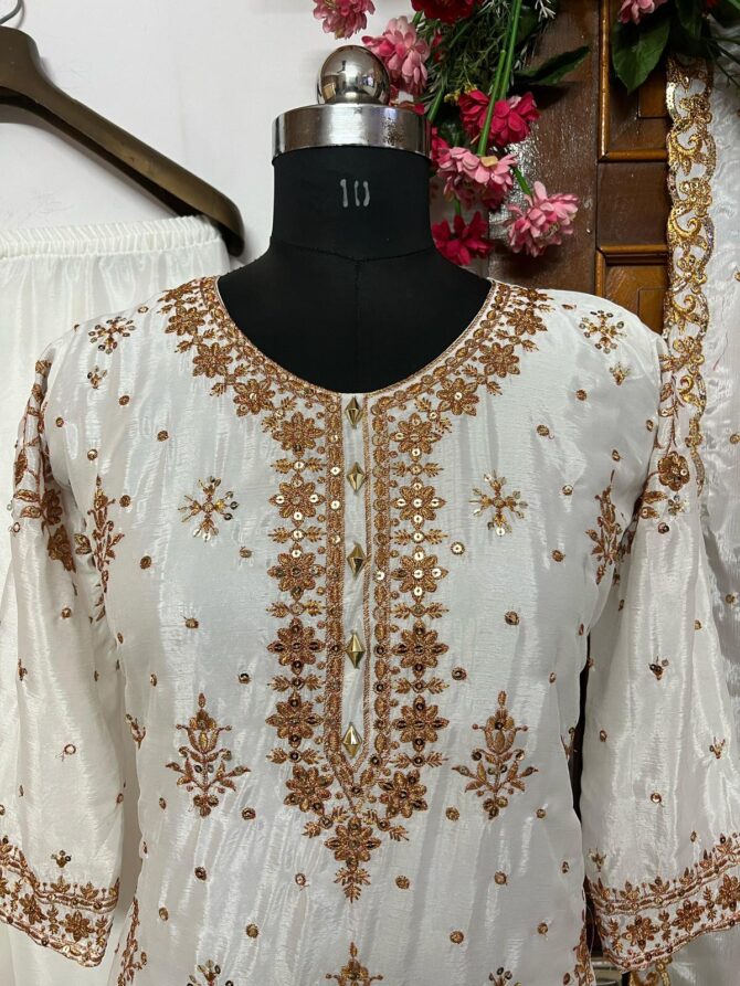 CHINON SILK KURTI-PLAZZO WITH BEAUTIFUL ZARI & SEQUINS EMBROIDERY WORK - Image 3