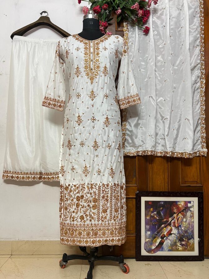 CHINON SILK KURTI-PLAZZO WITH BEAUTIFUL ZARI & SEQUINS EMBROIDERY WORK - Image 5