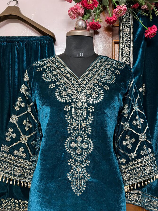 HEAVY VELVET KURTA & PANT (3-PIS SET) WITH BEAUTIFUL SEQUINS EMBROIDERY WORK - Image 14