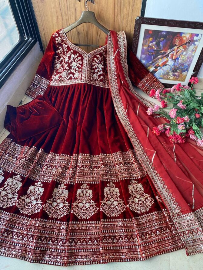 RED EMBROIDERED HEAVY VELVET DESIGNER EMBROIDERED ANARKALI GOWN - Image 4