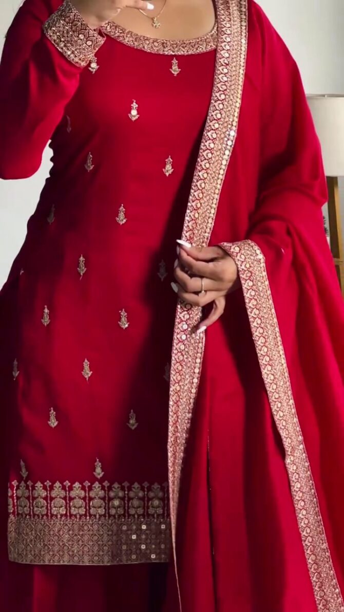 NEW LUNCH SPECIAL DESIGNER CHINON SILK EMBROIDERY WORK TOP PLAZO WITH DUPATTA - Image 2