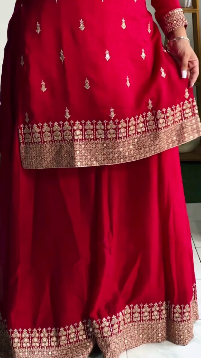 NEW LUNCH SPECIAL DESIGNER CHINON SILK EMBROIDERY WORK TOP PLAZO WITH DUPATTA - Image 3