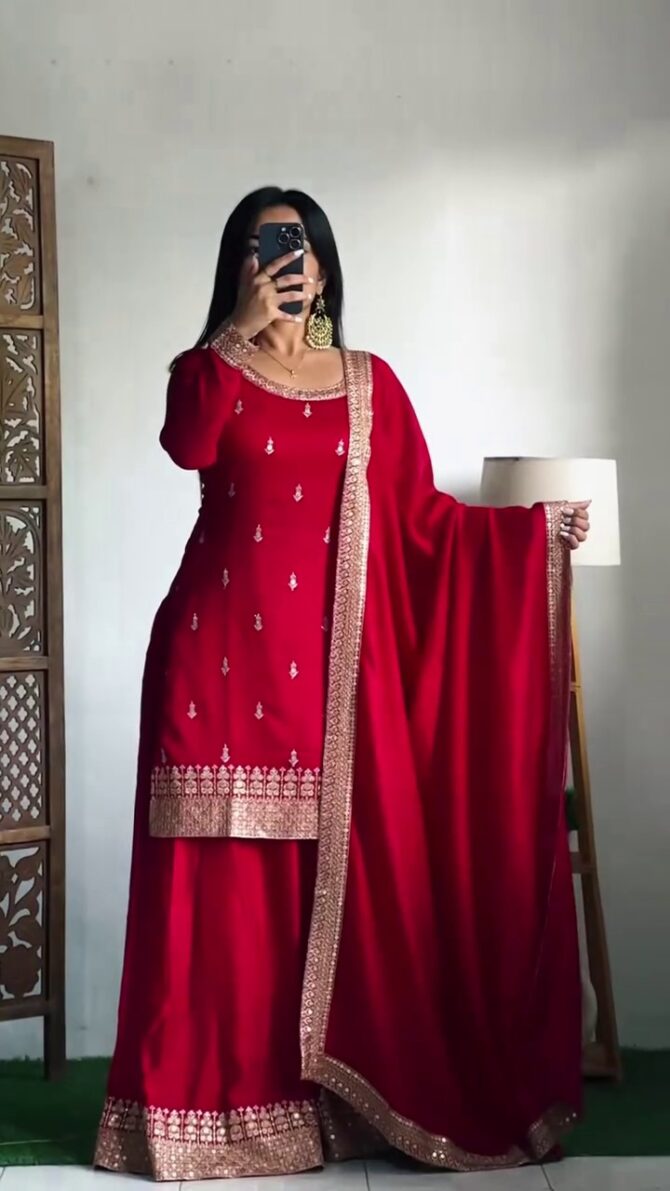 NEW LUNCH SPECIAL DESIGNER CHINON SILK EMBROIDERY WORK TOP PLAZO WITH DUPATTA