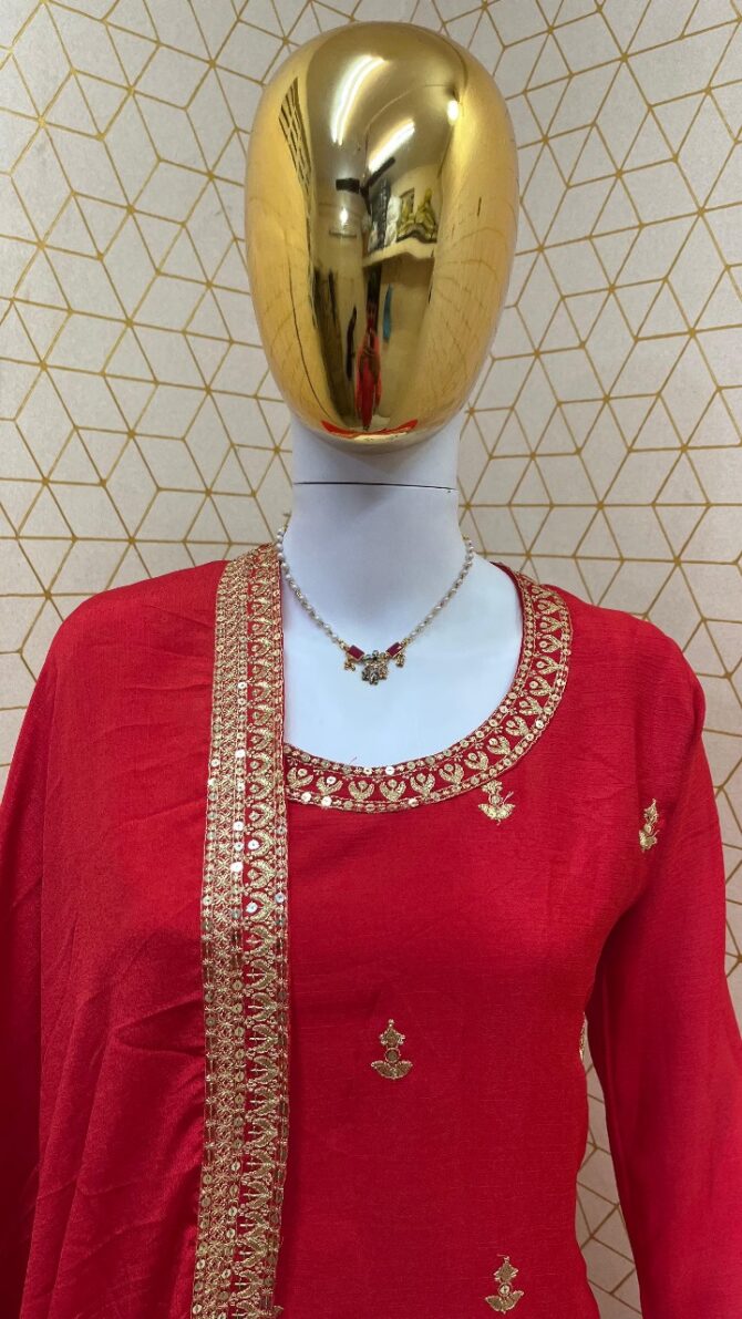 NEW LUNCH SPECIAL DESIGNER CHINON SILK EMBROIDERY WORK TOP PLAZO WITH DUPATTA - Image 4