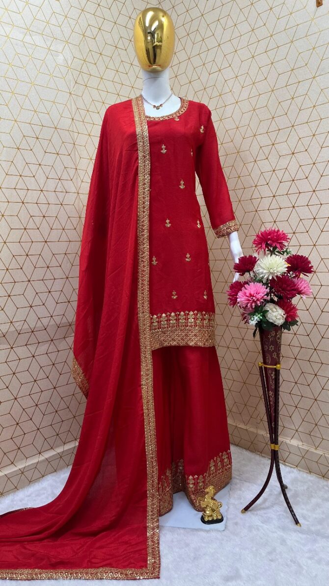 NEW LUNCH SPECIAL DESIGNER CHINON SILK EMBROIDERY WORK TOP PLAZO WITH DUPATTA - Image 5
