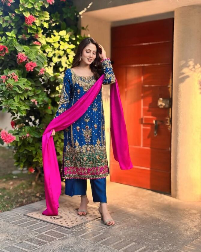 PRESENTING GOOD QUALITY CHINON SILK KURTI-PANT & DUPATTA SET WITH BEAUTIFUL ZARI & SEQUINS EMBROIDERY WORK - Image 2