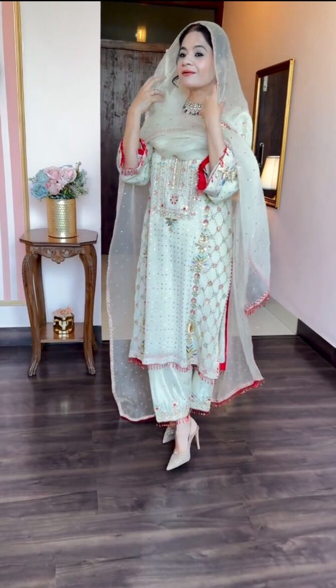 PRESENTING NEW KURTI-PANT SET IN CHINON SILK  WITH BEAUTIFUL SEQUINS & THREAD EMBROIDERY WORK - Image 3