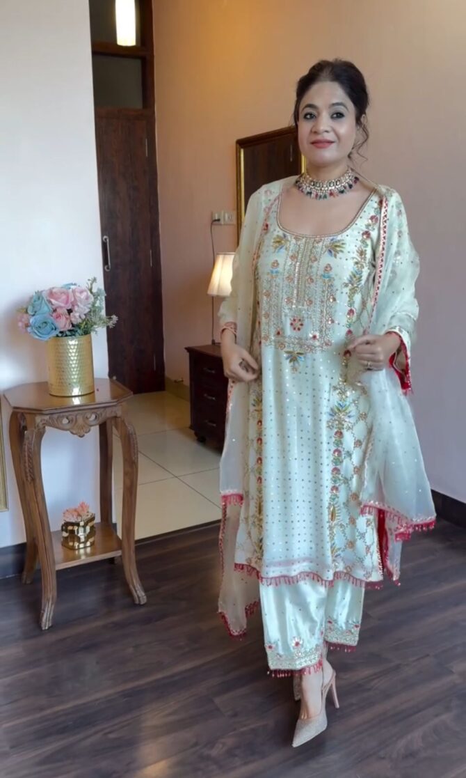 PRESENTING NEW KURTI-PANT SET IN CHINON SILK  WITH BEAUTIFUL SEQUINS & THREAD EMBROIDERY WORK - Image 4