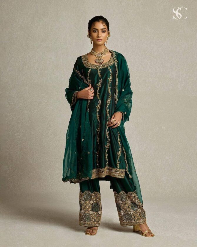 Pehnava StyleChinnon silk Zari Embroidery Work Kurtie Set